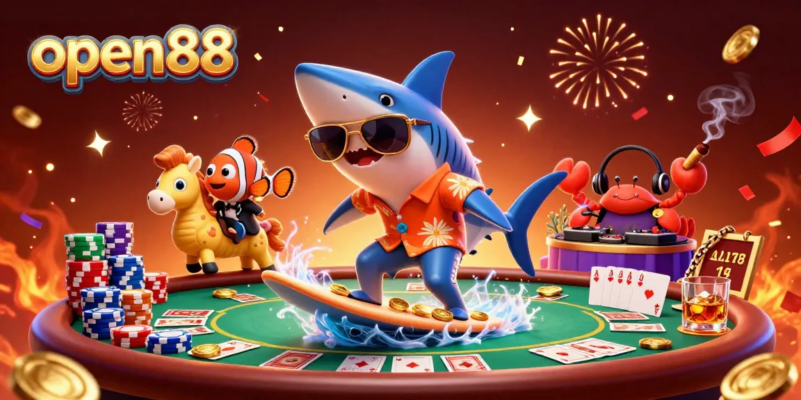 Join the excitement at open88 with a shark surfing gold coins in a lively casino scene!