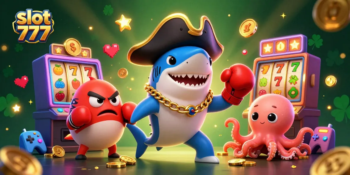 Engage with slot 777 gaming experience featuring a cartoon shark, pufferfish, and octopus in a vibrant casino scene.