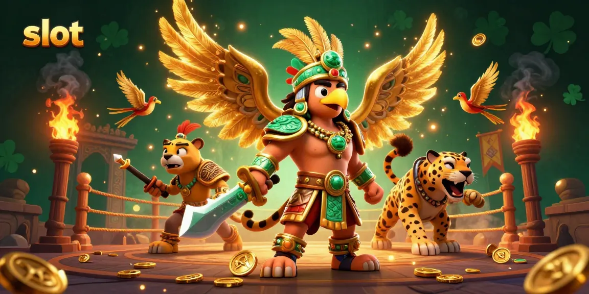 Permainan slot menampilkan pejuang Aztec dan kuetzal bersinar di arena judi.