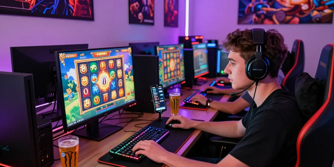 Pemain slot gacor bersemangat dalam sesi permainan jackpot, dikelilingi peralatan gaming modern dan suasana mengasyikkan.