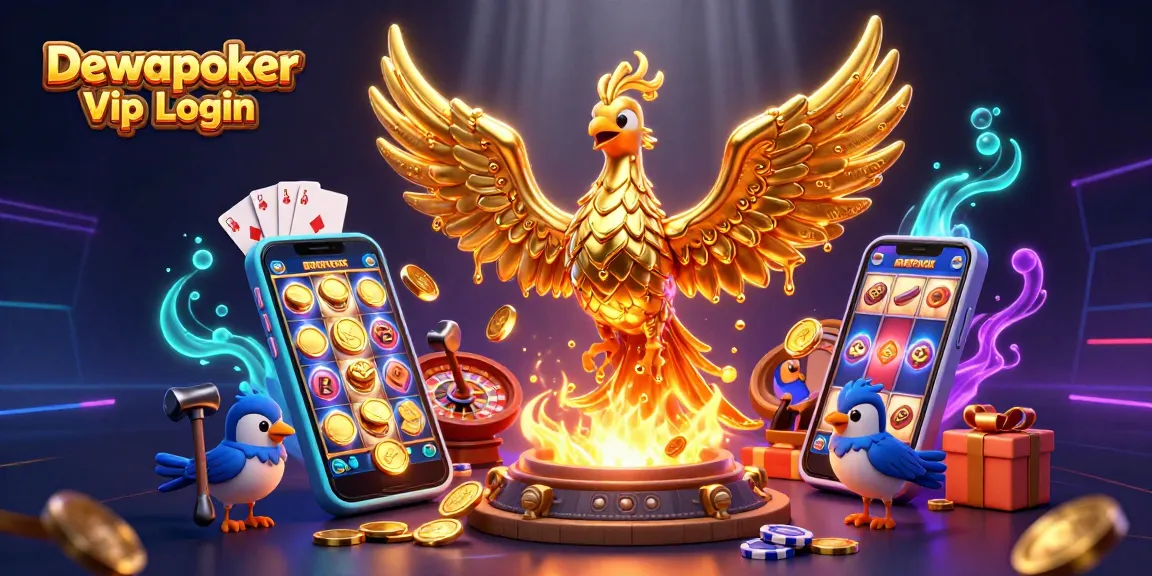 Engage with Dewapoker Vip Login, featuring a molten phoenix and dynamic casino elements.