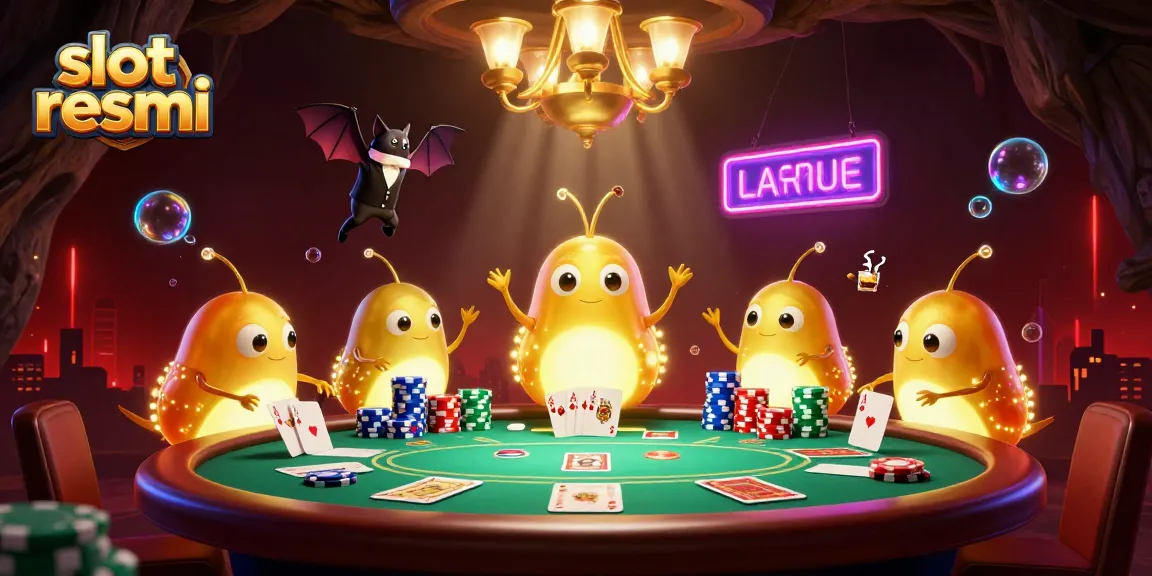 Ilustrasi kasino gua bercahaya dengan glowworms dan dealer kelelawar untuk slot resmi.