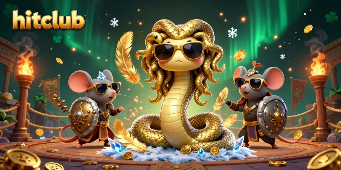 Hitclub players enjoy thrilling casino action with Medusa and a warrior mouse in a vibrant 3D illustration.
