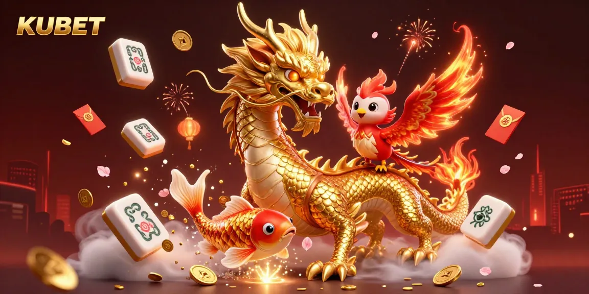 Win exciting rewards at KUBET Casino with this dynamic illustration showcasing an energetic scene of a dragon, phoenix, koi fish, and festive elements.