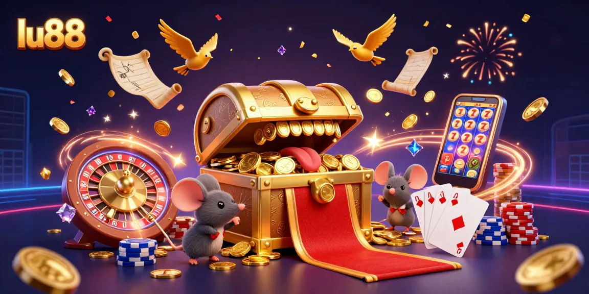 Exciting lu88 casino experience with animated treasure chest and vibrant gaming elements.